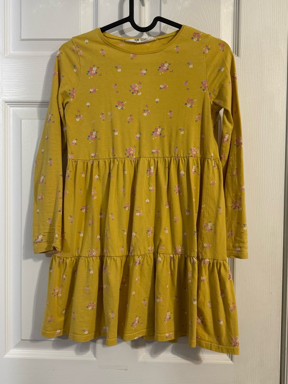 H&M Mustard Yellow Floral Tiered Long-Sleeve Dress